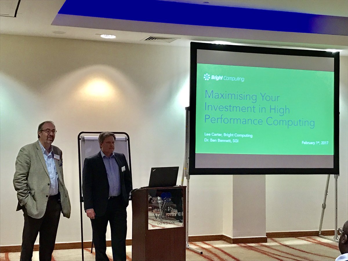 BrightEMEA's tweet photo. Lee Carter from @BrightComputing and Dr Ben Bennett from @sgi_corp  explaining how to maximise your investment in #hpc at #UKHPC today https://t.co/76Gujpwf1S