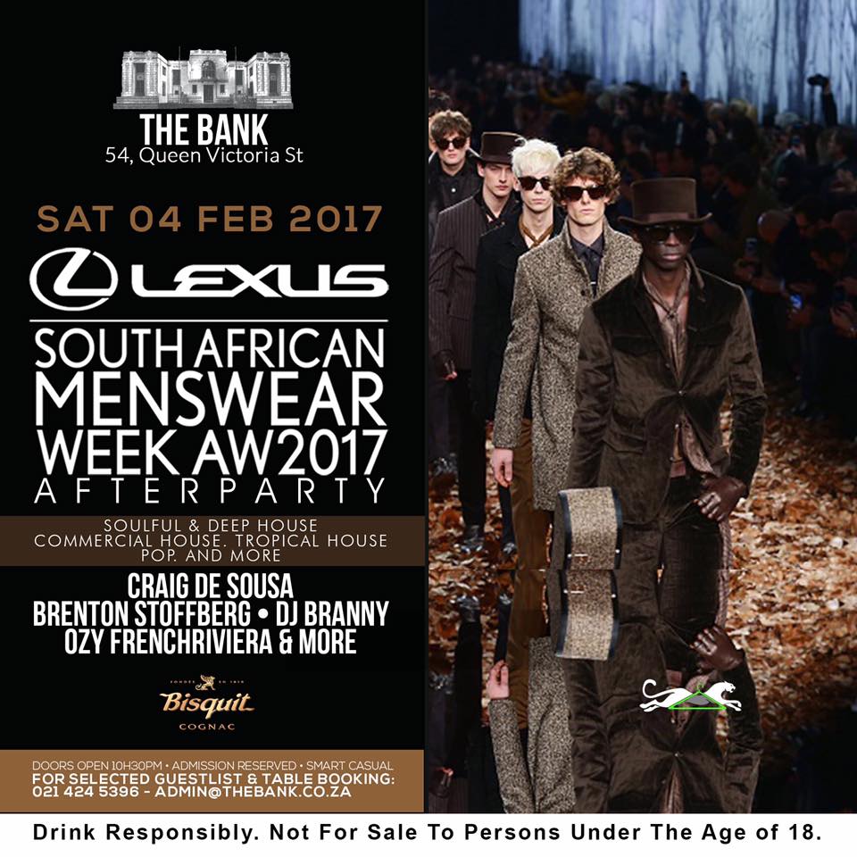 TheBankCapeTown's tweet photo. This SATURDAY!! Join us for the hottest Fashion Party as The Bank hosts the official @SAMenswearWeek AFTER PARTY!!
#Thebankcpt #LexusSAMW https://t.co/NrBNxLPkel