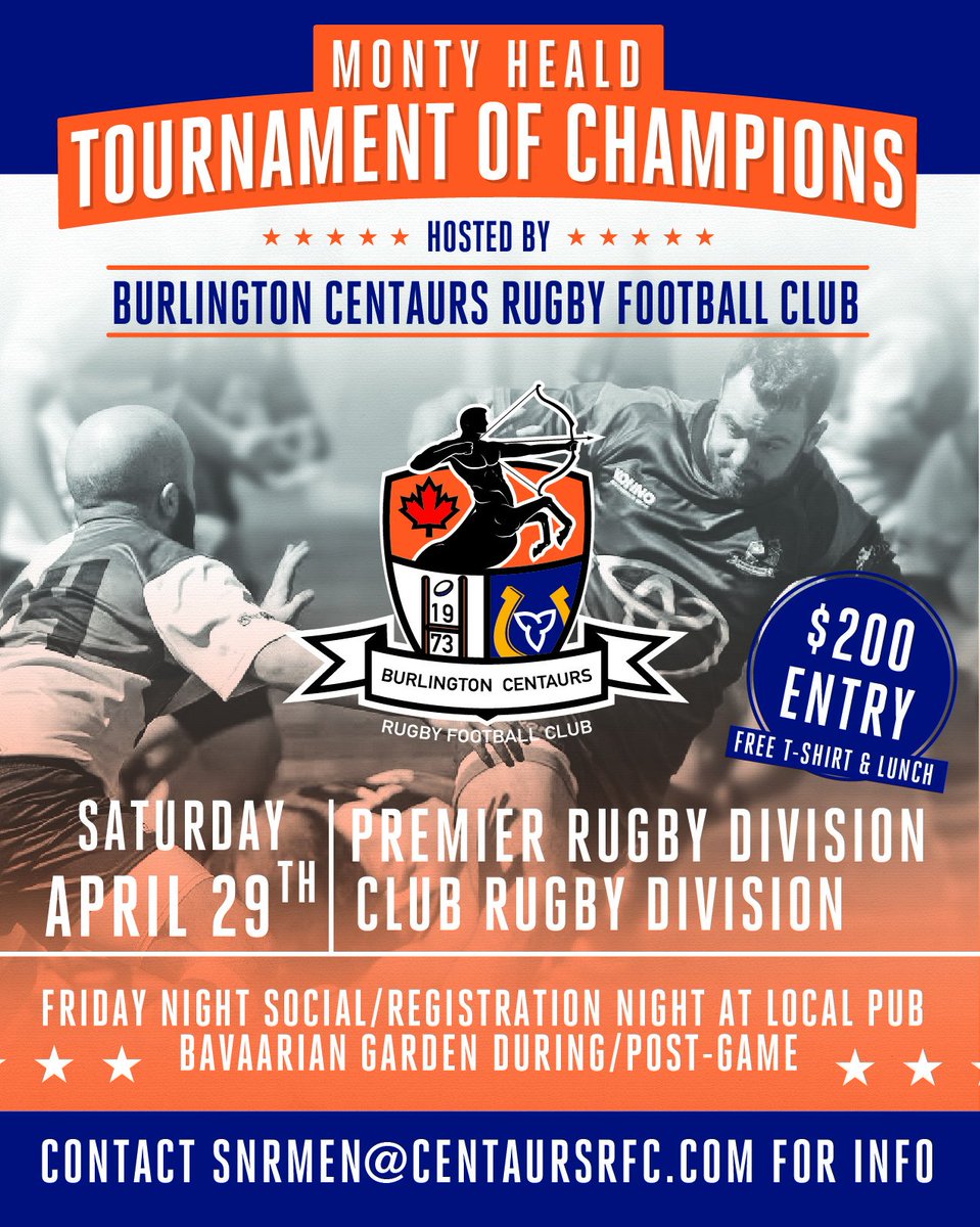 Rugby Ontario (@rugbyontario) on Twitter photo Monty Heald Tournament of Champions: LIMITED spots remain in Premier Division.
Interested teams - 📧 Nick Manz president@centaursrfc.com Monty Heald Tournament of Champions: LIMITED spots remain in Premier Division.
Interested teams - 📧 Nick Manz president@centaursrfc.com