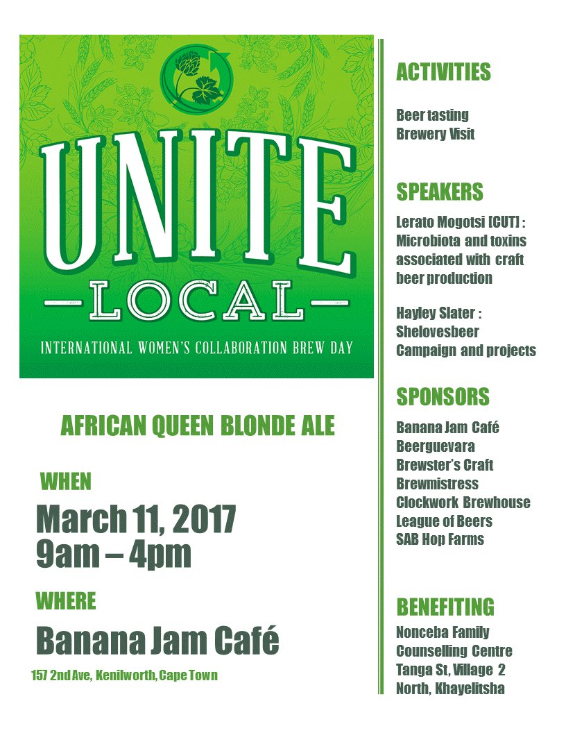 Calling on all women in beer - join us <a href="/bananajamcafe/">Banana Jam Cafe</a> with <a href="/LucyCorne/">Lucy Corne</a> <a href="/ClockworkBrewh/">Clockwork Brewhouse</a> <a href="/HayleySlater07/">Hayley Slater</a> <a href="/BeerslutsZA/">Beer Sluts</a> celebrating <a href="/IWCBD/">International Women's Collaboration Brew Day</a>