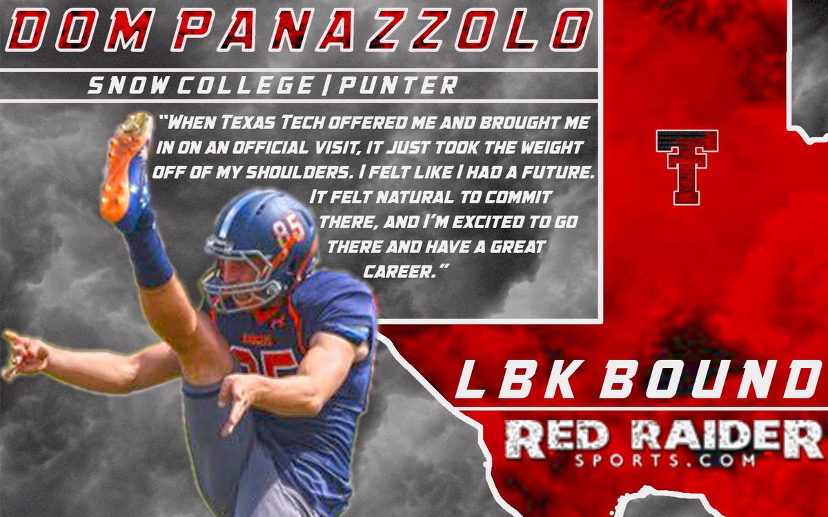 RedRaiderSports's tweet photo. Snow College punter Dom Panazzolo has signed with #TexasTech and is #LBKBound. Welcome him to West Texas! https://t.co/QmWWBEYND5