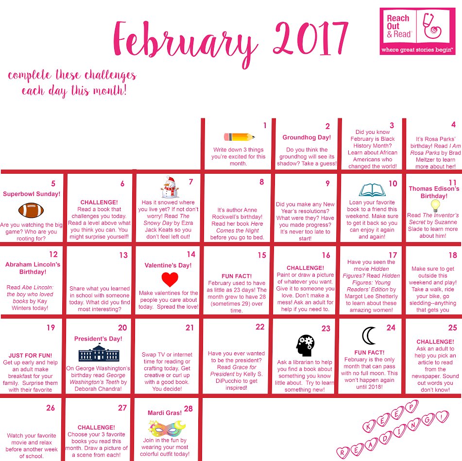 reachoutandread's tweet photo. The wait is over. The February 2017 Literacy Calendar is now live! Click the link to download and join in the fun!

https://t.co/6xfXXLGxUW https://t.co/UV3YxP2XD3