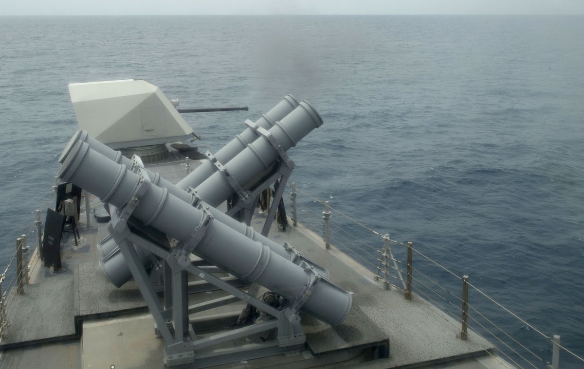 CavasShips's tweet photo. #Littoral combat ship #CORONADO #LCS4 shooting 57mm gun, flying off MQ-8B #Firescout drone helo in South #China Sea Wednesday https://t.co/MKyuCZIiwb