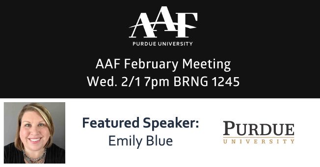 AAFPurdue's tweet photo. Don't forget about tonight's meeting- our advisor @emilymblue will be speaking about creative branding &amp; marketing! See you at 7 https://t.co/kaGwY2UANR