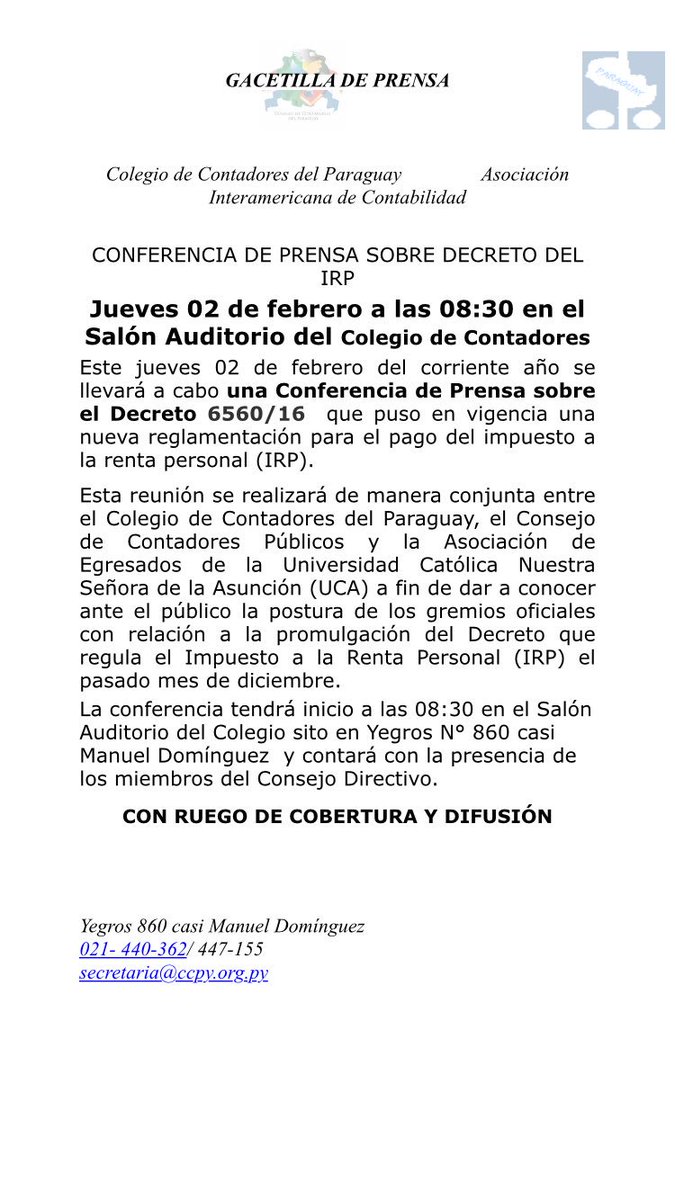 ccdelparaguay's tweet photo. CONFERENCIA MAÑANA 08;30 sobre #IRP @Carlosmperalta @mabelvillamayor @780AM https://t.co/vGrVUP5eg3