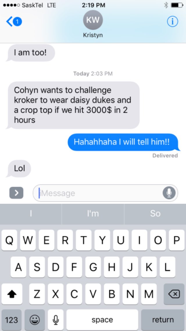 929TheBull's tweet photo. So this just happened. If we raise $3000 between 3-5 I'll wear Daisy Dukes and a crop top. 306-653-5437 #AllianceEnergy4Kids - @KroekerFM https://t.co/RhLgrSrIOM