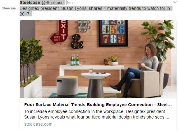 teammaderra's tweet photo. @Steelcase Not surprised that #Hygge is one of the top trends in commercial design - following the trend in residential #design https://t.co/Qc4v66o9Yp