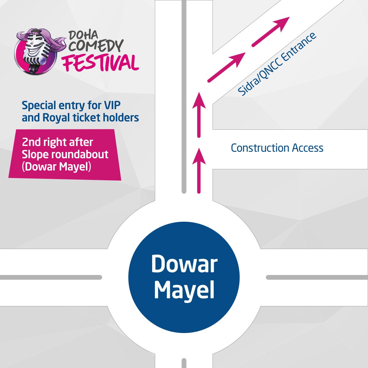 فقط لحاملي تذاكر تذاكر الرويال وال في اي بي، إليكم خريطة الدخول الخاصة بكم، نراكم غداً في #مهرجان_الدوحة_للكوميديا