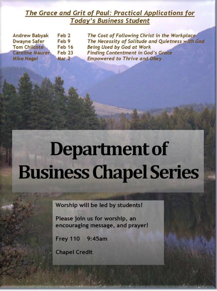 Join our chapel series starting tomorrow! You won't want to miss out! Non-business students welcome.