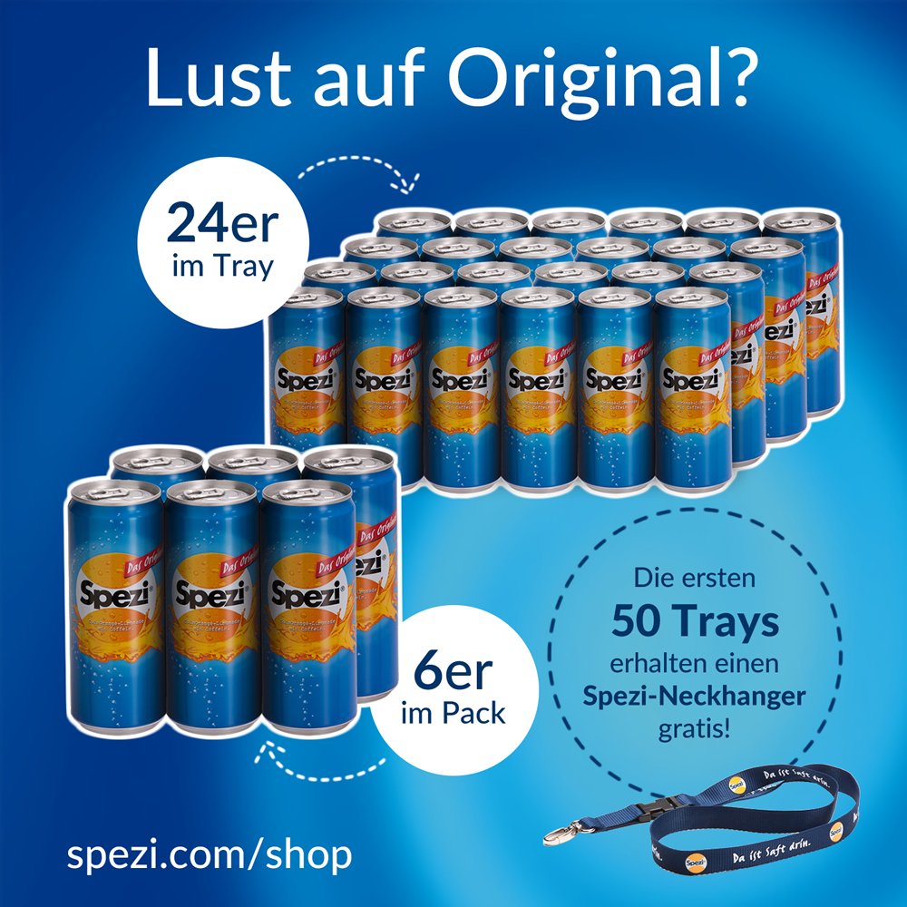 Lust auf Original? Spezi das Original in der Dose gibt's ab sofort als 24er-Tray und 6er-Pack in unserem Shop unter spezi.com/shop