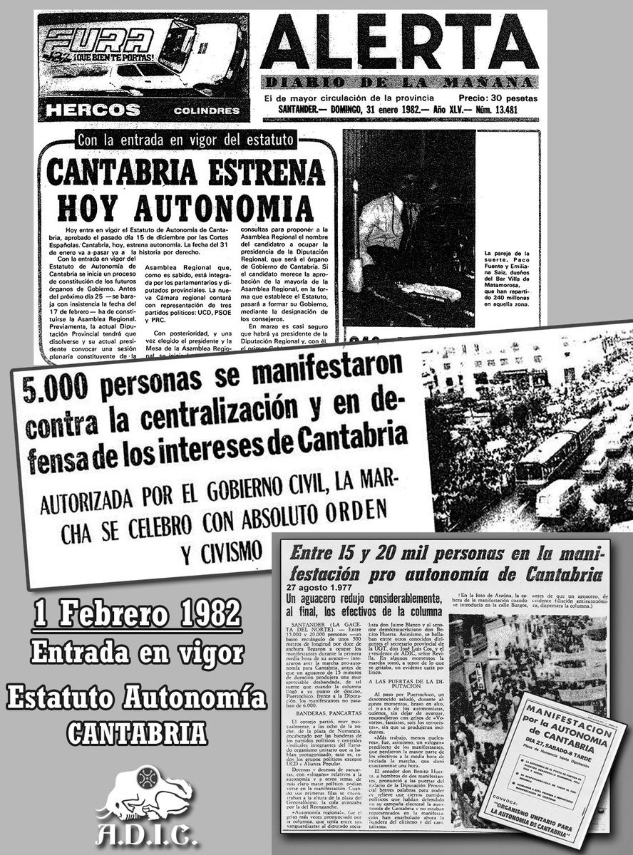 Estatuto Autonomía Cantabria cumple 35 años. Tras manifestaciones masivas solicitando inicio proceso autonómico, 1/Febr/1982 entró en vigor.