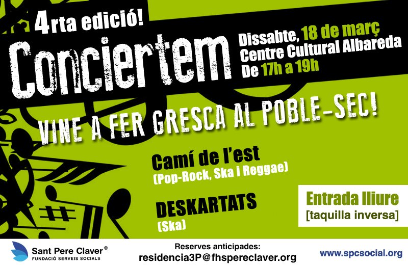 T’agrada el #pop, l’#ska...? Reserva la teva entrada pel #Conciertem, concert per a la #inclusió social bit.ly/2jVob1y #PobleSec