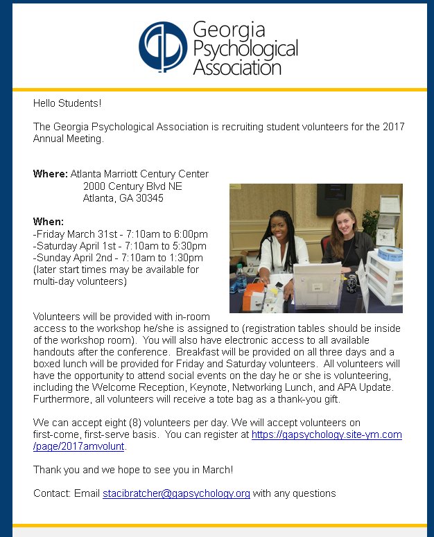 gapsychassn's tweet photo. Students, would you like to be volunteer at the 2017 Annual Meeting? Learn more here https://t.co/SA8OAv1LLF #UGA #GSU #GaTech #Spelmen #UWG https://t.co/RQjecPRYri