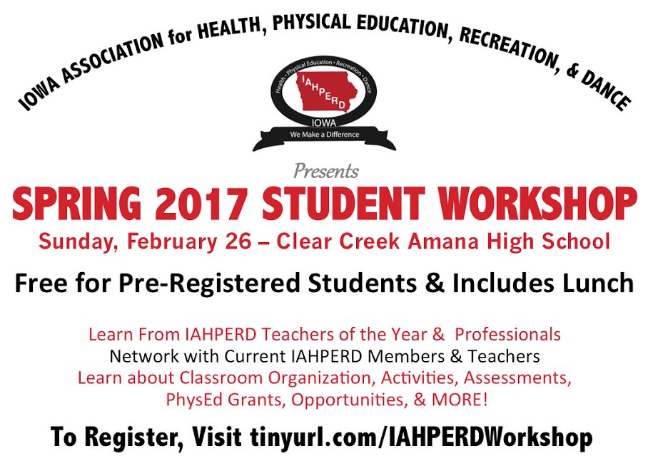 tohagan33's tweet image. Free workshop, free lunch, FUN! Students, future professional &amp;amp; 1st year PE/Health educators are welcome. Register in advance. @iowaahperd