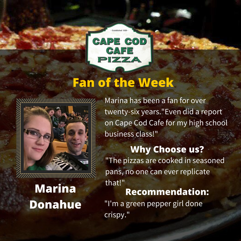 CapeCodCafe's tweet photo. Congratulations Marina Donahue for being our #fanoftheweek. Thank you for being our fan for over 26 years. #CapeCodCafe #GreenPepperPizza https://t.co/9fFoXxNZ6L