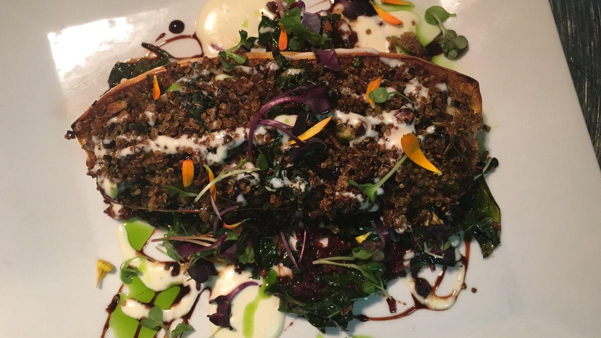 adasonphinney's tweet photo. Our new vegan dish. Quinoa Stuffed Delicata Squash. @adasonphinney https://t.co/3hDsiLk0cb