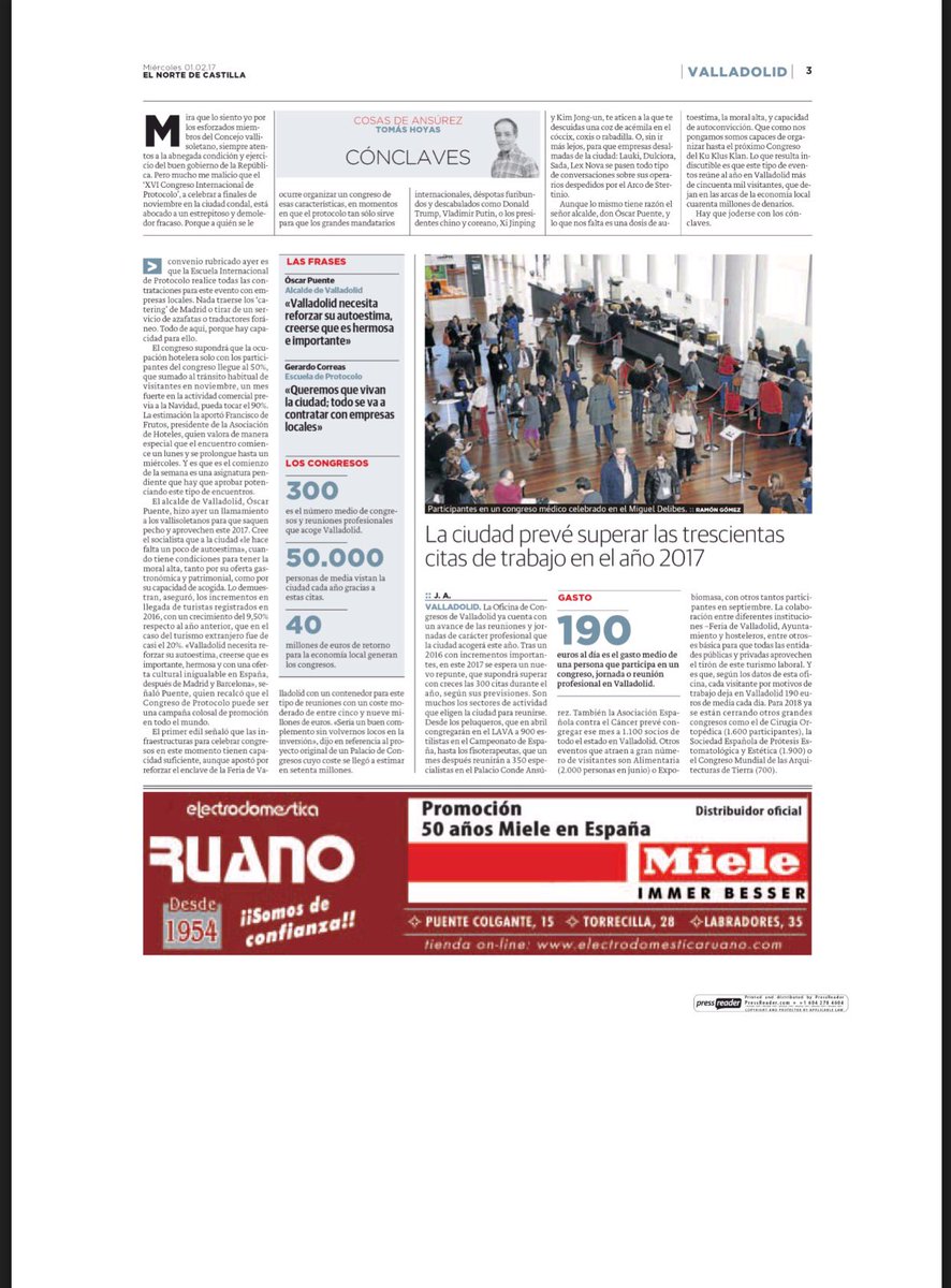congprotocolo's tweet photo. Así contaba la prensa escrita la noticia del Congreso Internacional de Protocolo en @AyuntamientoVLL #CIPROVLL17 https://t.co/z1amSfS6UN