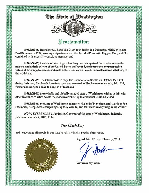 Jim_Brunner's tweet image. Next Tues. is officially "The Clash Day" in WA. @GovInslee proclamation, part of @kexp's International Clash Day blog.kexp.org/clashday2017/