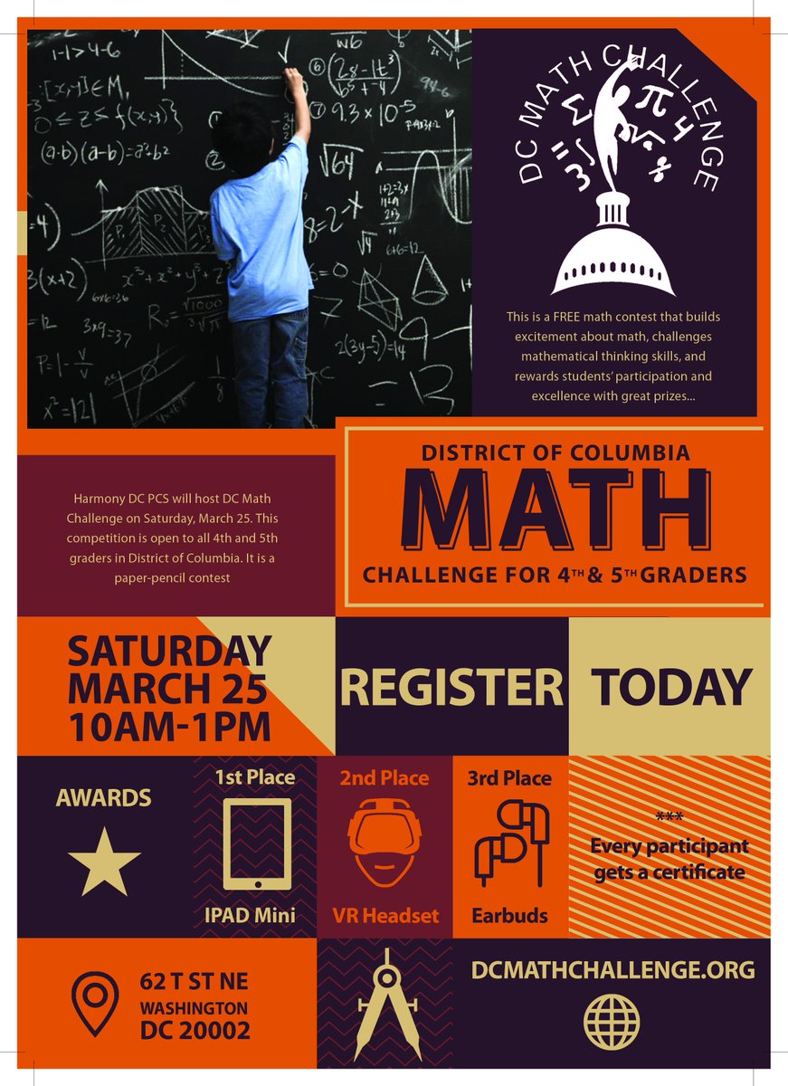 dcmathchallenge's tweet image. DC Math Challenge
on Saturday, March 25, 2017
@ 62 T St NE, Washington, DC 20002.
This competition is open to all 4th and 5th graders in DC