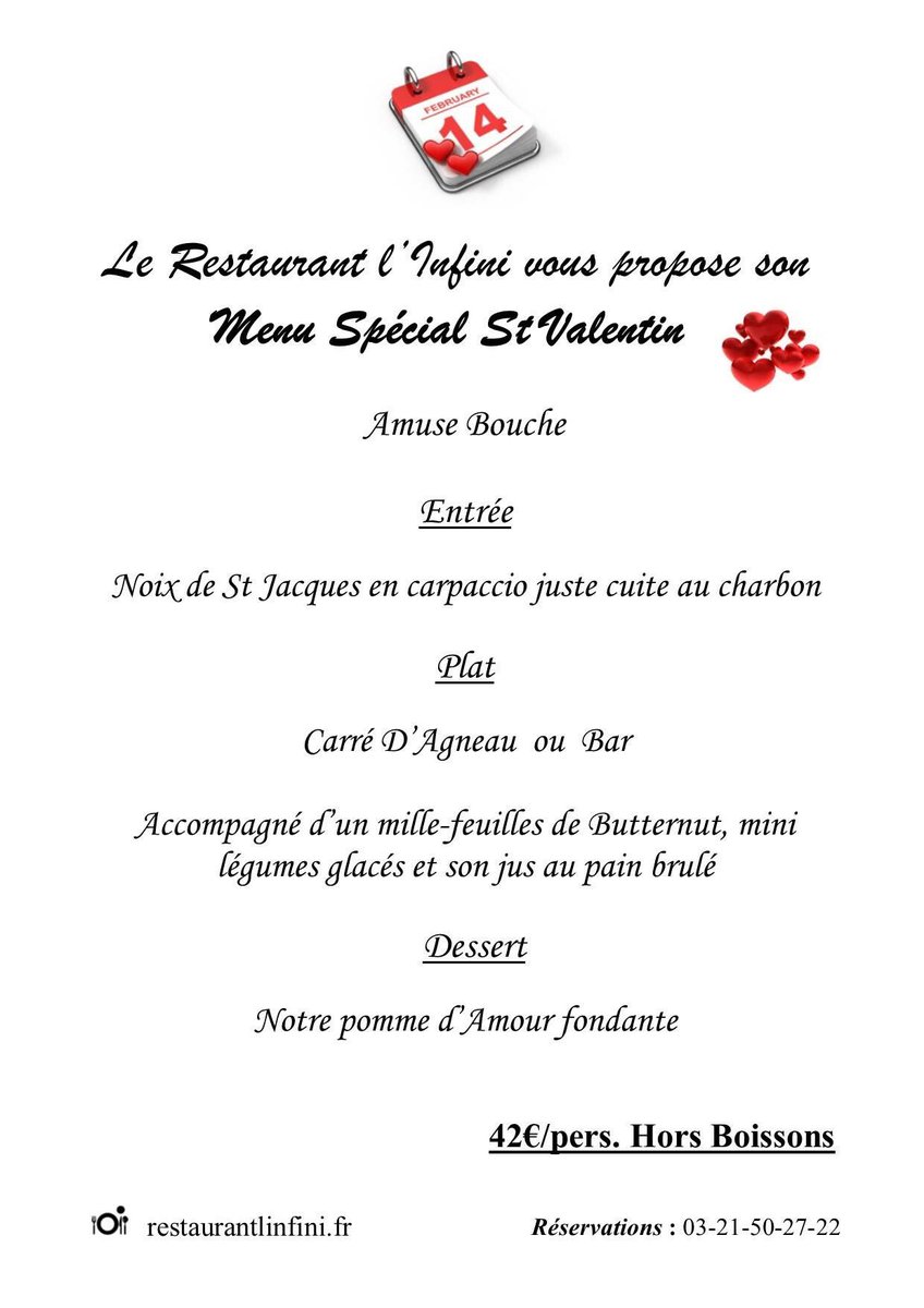 J-14 avant la St Valentin <3 Pensez à réserver votre table au 03 21 50 27 22.