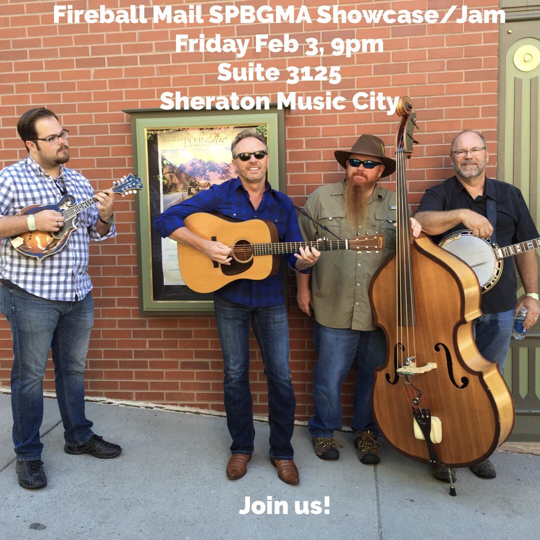 FireballMail_'s tweet photo. @FireballMail_ @spbgma Showcase/Jam. Friday Feb 3, 9pm Suite 3125. Come on over! #spbgma2017 #bluegrass #nashville https://t.co/U1Vb6BlfTW