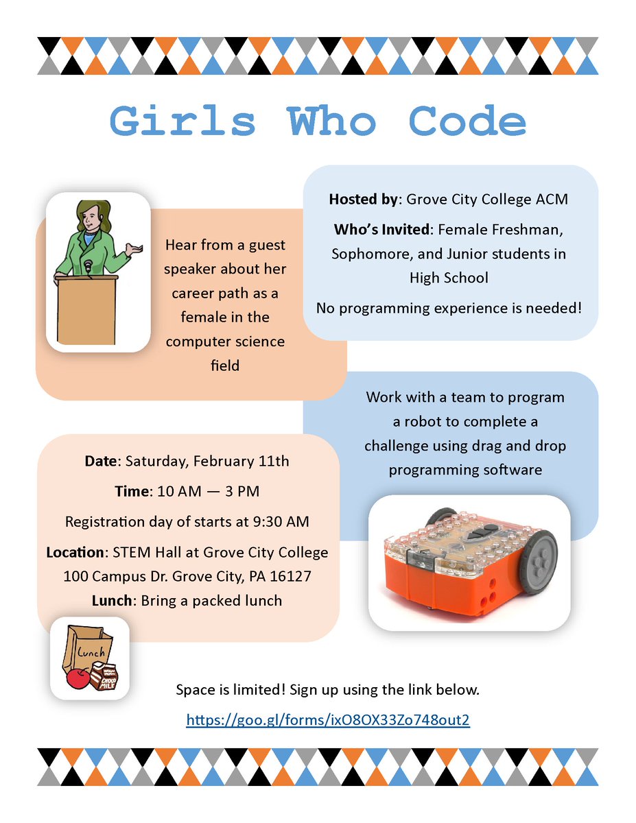 GccCompSci's tweet photo. Are you a girl in high school and want to learn to code? Join our workshop: "Girls Who Code" Sat Feb 11, 10am-3pm. See flyer for more info. https://t.co/HneC4yCkmp