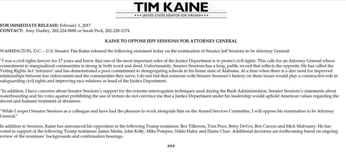 timkaine's tweet photo. I will oppose Sen. Sessions's nomination. We need an AG who will protect civil rights &amp; reject torture. Full statement here https://t.co/M8y6SBGZzv