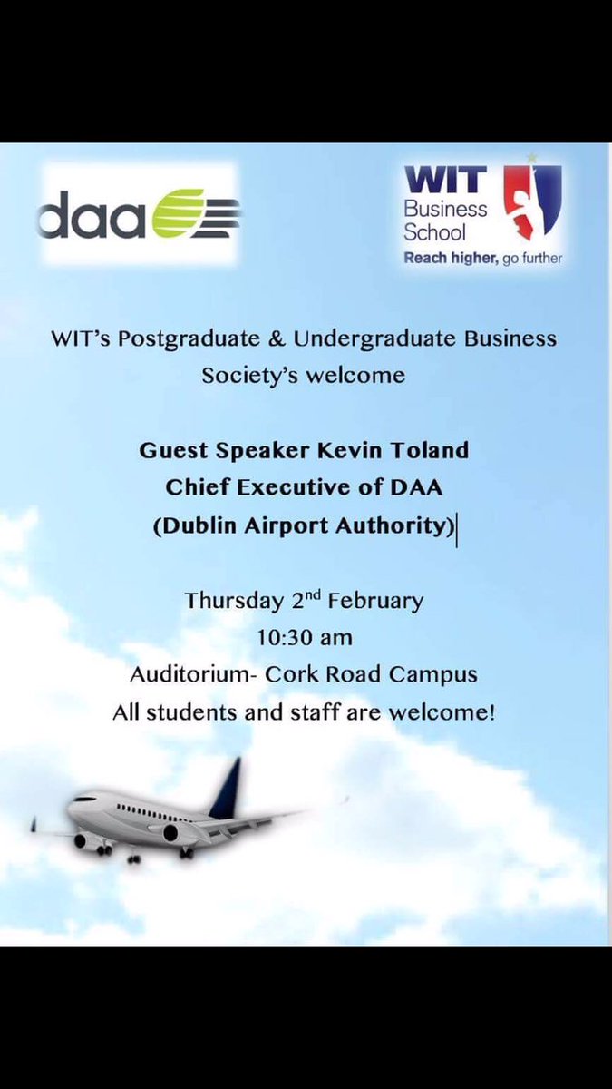 WITBusinessSoc's tweet photo. We are proud to be having Kevin Toland CEO of the DAA in WIT tomorrow @waterfordit @DublinAirport https://t.co/AhoURU8wMD