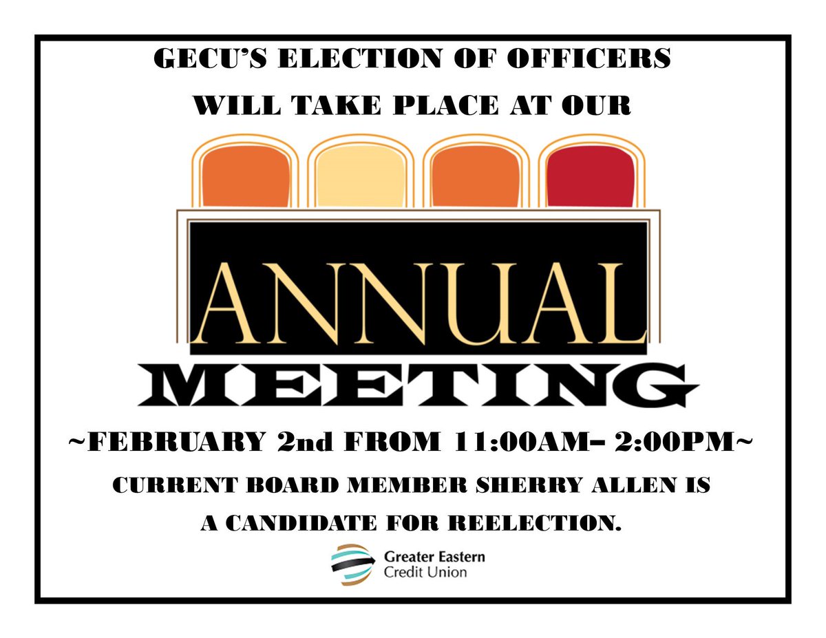 GreaterEastern's tweet photo. Make plans to attend the Annual Meeting Thursday 02/02 from 11-2 #GECUFamily. Make your voice heard.#Iowntheplace #CUvote #experiencegreater https://t.co/S1GefonAV1