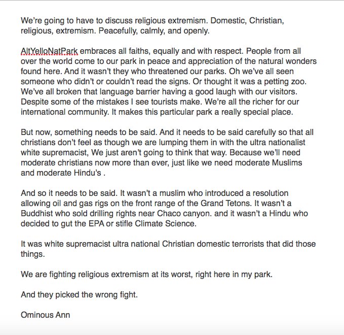 AltYelloNatPark's tweet photo. Its time for AltYelloNatPark to get tough on terrorism. A message of encouragement, from Ominous Ann

#organize #resist https://t.co/tio5u0Ax6a