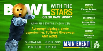 DaRealJayProsch's tweet photo. Join me at @MyMainEvent in Webster, near Houston to watch and bowl during the BIG GAME! Learn more: https://t.co/Snni0G0r1f https://t.co/UMsc028ig8