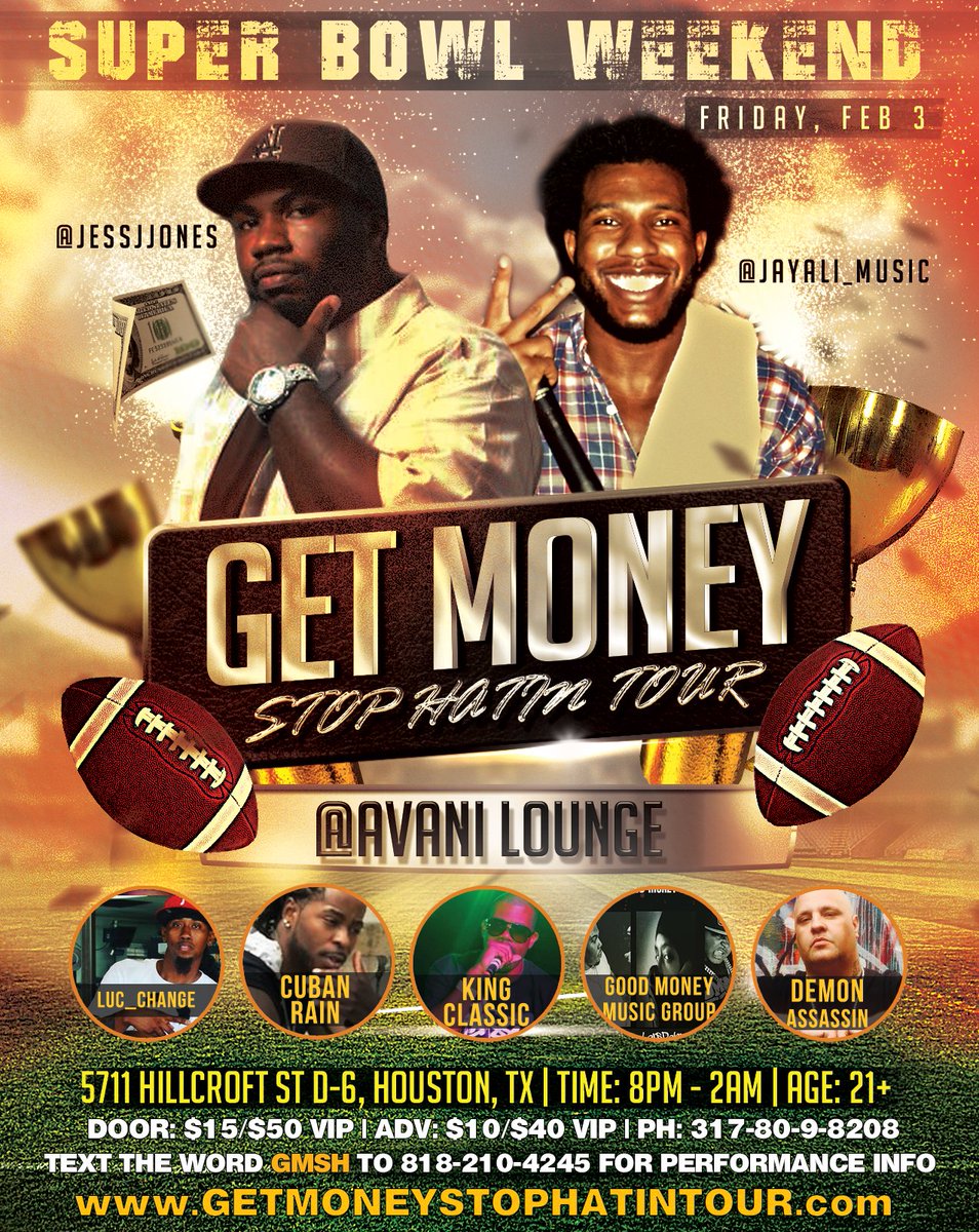 GMSHTOUR's tweet photo. #GMSHLive at #AvaniLounge in #Houston this Friday Feb 3rd. Doors open at 8pm. Hit 401-699-2002 for Info. #SuperBowl2017 #SuperBowl https://t.co/JDV1uZra33