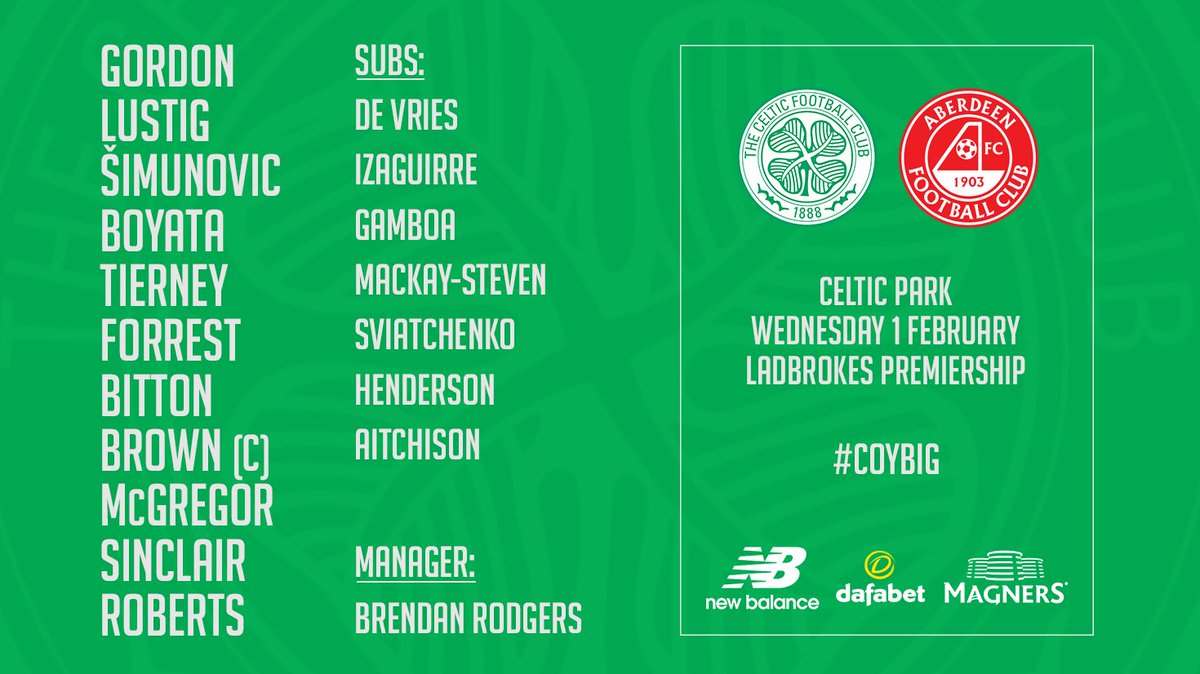 CelticFC's tweet photo. 📋 Celtic team to face @AberdeenFC tonight. #SPFL #COYBIG https://t.co/4mDiFlWZRF