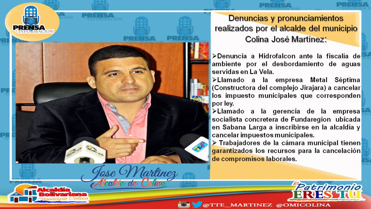 EsNoticiaFalcon's tweet photo. Denuncias y pronunciamientos realizados por el alcalde @tte_martinez ante los medios de comunicación. #EnColinaHayGobiernoRevolucionario https://t.co/ccQQOljHuo
