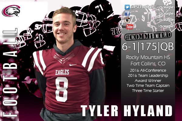 csceagles's tweet photo. #COMMITTED: Tyler Hyland
6-1, 175, QB
Fort Collins, CO - Rocky Mountain HS
Welcome to the Rock! #NSD2017 https://t.co/ft8Crge4Hm
