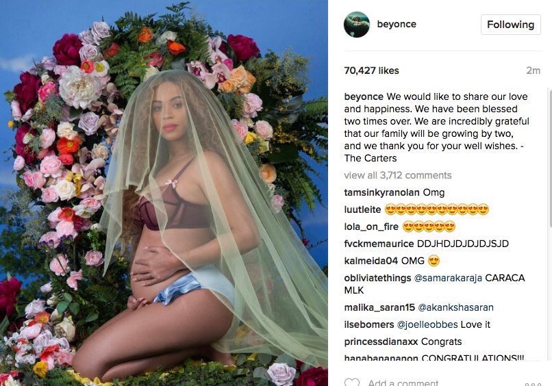 GossipRoomOff's tweet photo. Beyoncé est enceinte de JUMEAUX ! Une annonce faite toute en simplicité sur son compte Instagram, félicitations ! 👶🍼👶 https://t.co/NA2xgVV4RL