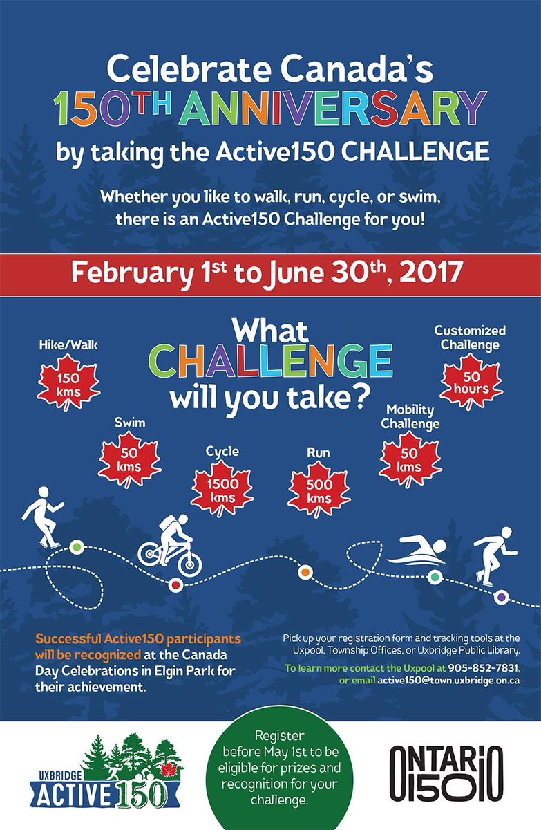 WalkBikeUx's tweet photo. Grab a friend &amp; take the Uxbridge Active150 challenge! 
-150km hike/walk
-500km run
-1500km cycle
-50km swim
-50km mobility/custom challenge https://t.co/rhhpaoSK4H