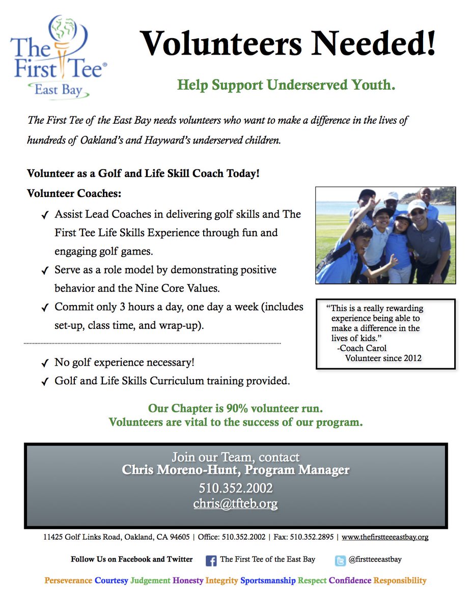 BIG shout out for volunteers... <a href="/FirstTeeEastBay/">TheFirstTeeofEastBay</a> call us, join us, pass it on!