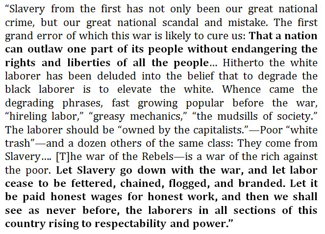 Frederick Douglass did an amazing job of explaining slavery, the Civil War, and how the only route to equality is the emancipation of labor