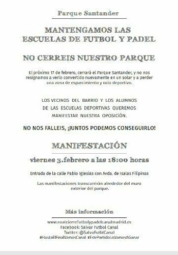 SalvaFutblCanal's tweet photo. VIERNES 3. MANTENGAMOS LAS ESCUELAS DE FÚTBOL Y PÁDEL. NO CERREIS NUESTRO PARQUE. Máxima difúsión.Contamos con todos #HastaElFinalVamosCanal https://t.co/iRxjVKenvY