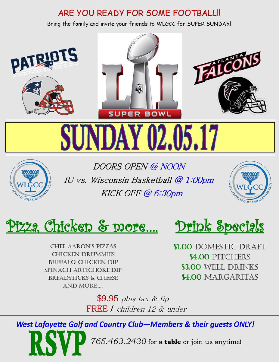wlgcc1's tweet photo. College Basketball, Final Round of Waste Management Open and SUPER BOWL 51! Join us at WLGCC! https://t.co/N7SlzZP8km