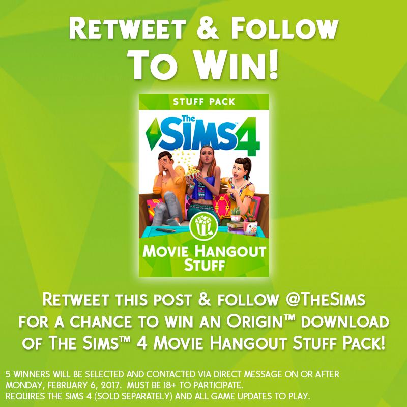 TheSims's tweet image. Want to get your hands on The Sims 4 Movie Hangout Stuff? RT &amp;amp; Follow for a chance to win! #TheSimsAnniversaryGiveaway