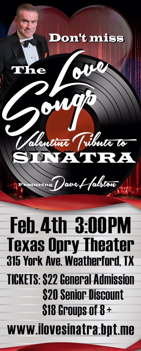 TributeMasters's tweet photo. Get tickets now for #DaveHalston #Sinatra #Tribute show in #Weatherford It's a #Fabulous show! #ValentinesDay 💕 https://t.co/Sun7o0IUip. ⭐️ https://t.co/vnQJwkccZB