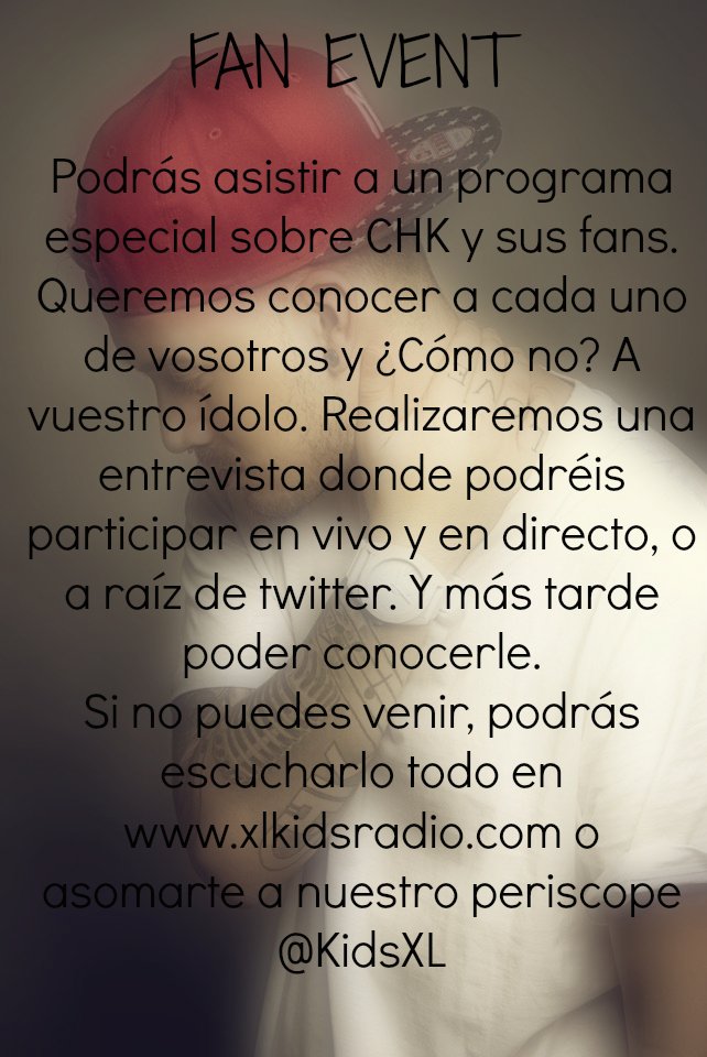 XLFansClub's tweet photo. Este viernes a las 17:00 tendremos un fanevent con @OfficialCHK 😍😍Si quieres venir envía un correo a lydiaplata@xlkidsradio.com TE ESPERAMOS https://t.co/gZnnFf2chH