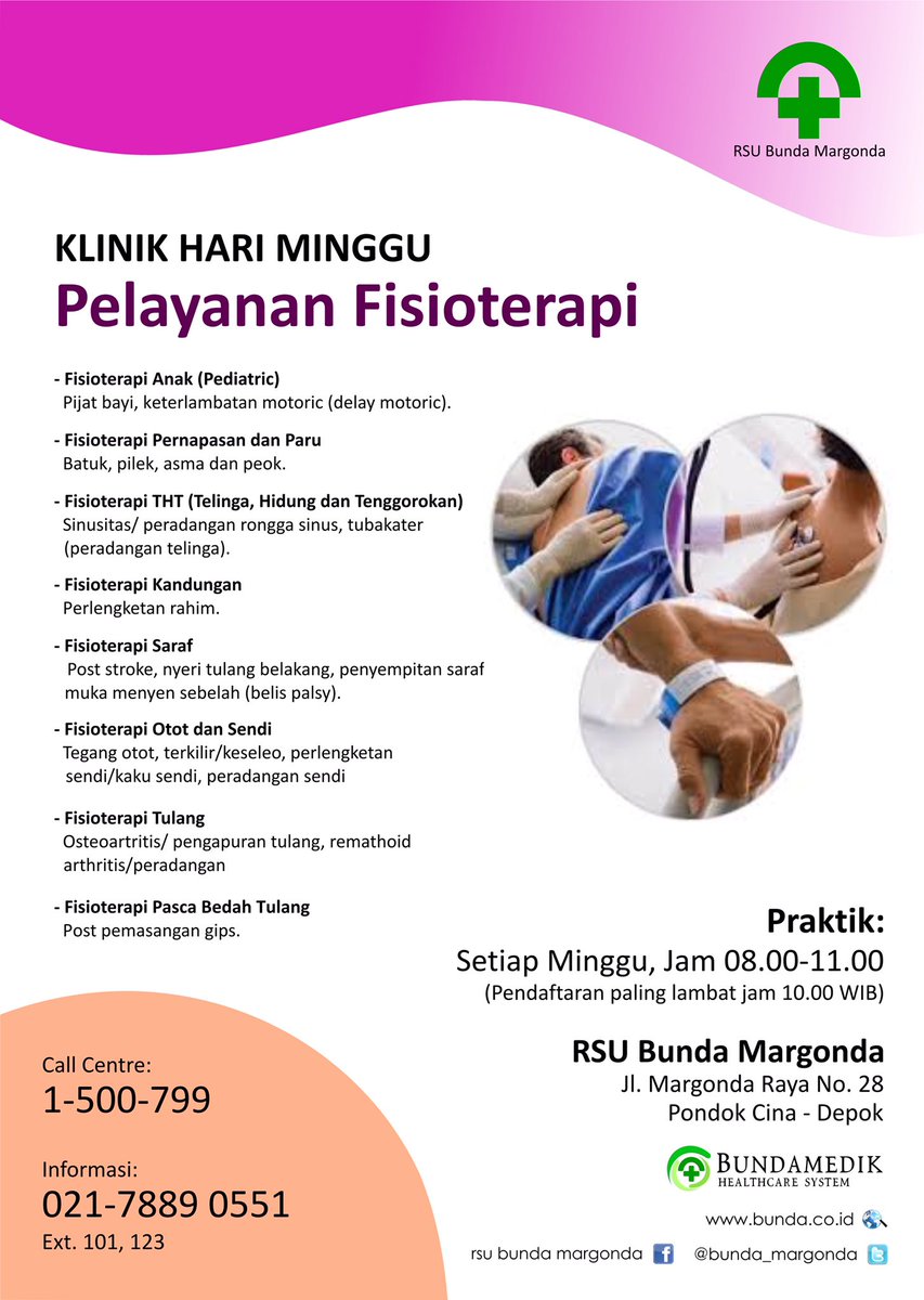 Info Sunday Clinic layanan Fisioterapi di <a href="/bunda_margonda/">RSU Bunda Margonda</a> info pendaftaran: 021-78890551 Ext:101/102