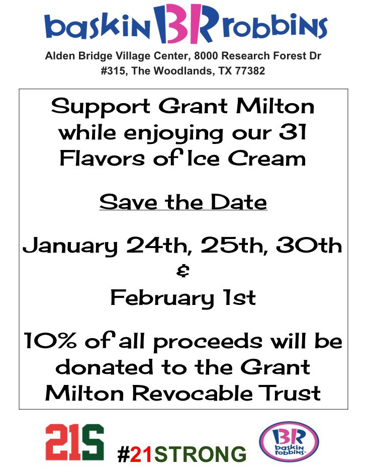 miltonstrong21's tweet photo. Beautiful day to stop by the Baskin Robbins in Alden Bridge and enjoy ice cream while supporting Grant Milton! It the last day, so stop by! https://t.co/aJZO7ja54J