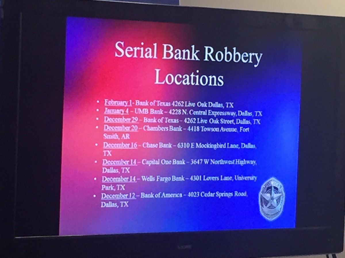 Fox4Natalie's tweet photo. .@DallasPD: help ID 2 serial bank robbers. Bank hit today on Live Oak St. Shots fired in 2most recent robberies of 7, plus 1 in AK @FOX4 https://t.co/QI98INSYAK