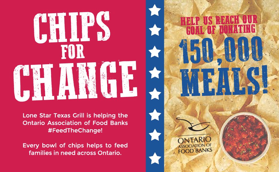 lonestartxgrill's tweet photo. Thx to our guests, in the 2 months since Chips For Change began, we have been able to provide 12,000 meals to the Ontario Food Bank! https://t.co/oi63kMXLLr