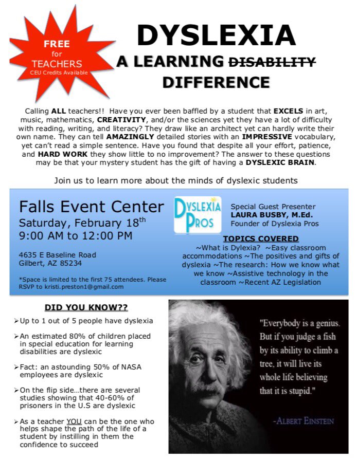 DyslexiaPros's tweet photo. Dyslexia seminar for teachers on February 18th. RSVP &amp; RT please! #dyslexia https://t.co/cvQS5LfMfW