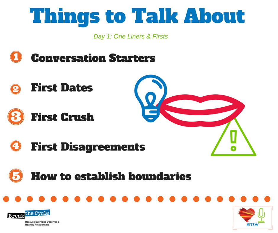 BreaktheCycleDV's tweet photo. It's Time to Talk about dating abuse. Try these topics for the first day of #IT3W in #teenDVmonth https://t.co/wDFbUnKWZW https://t.co/Pt51bDb8PN